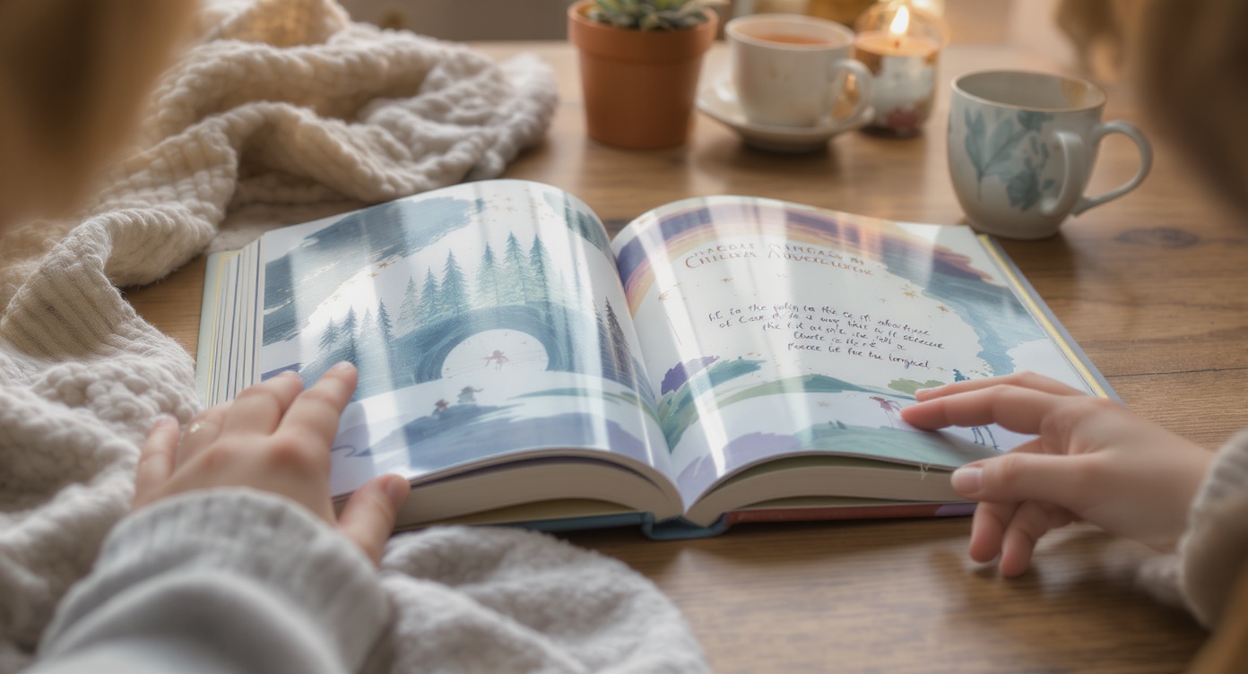 Open storybook showing beautiful watercolor illustrations