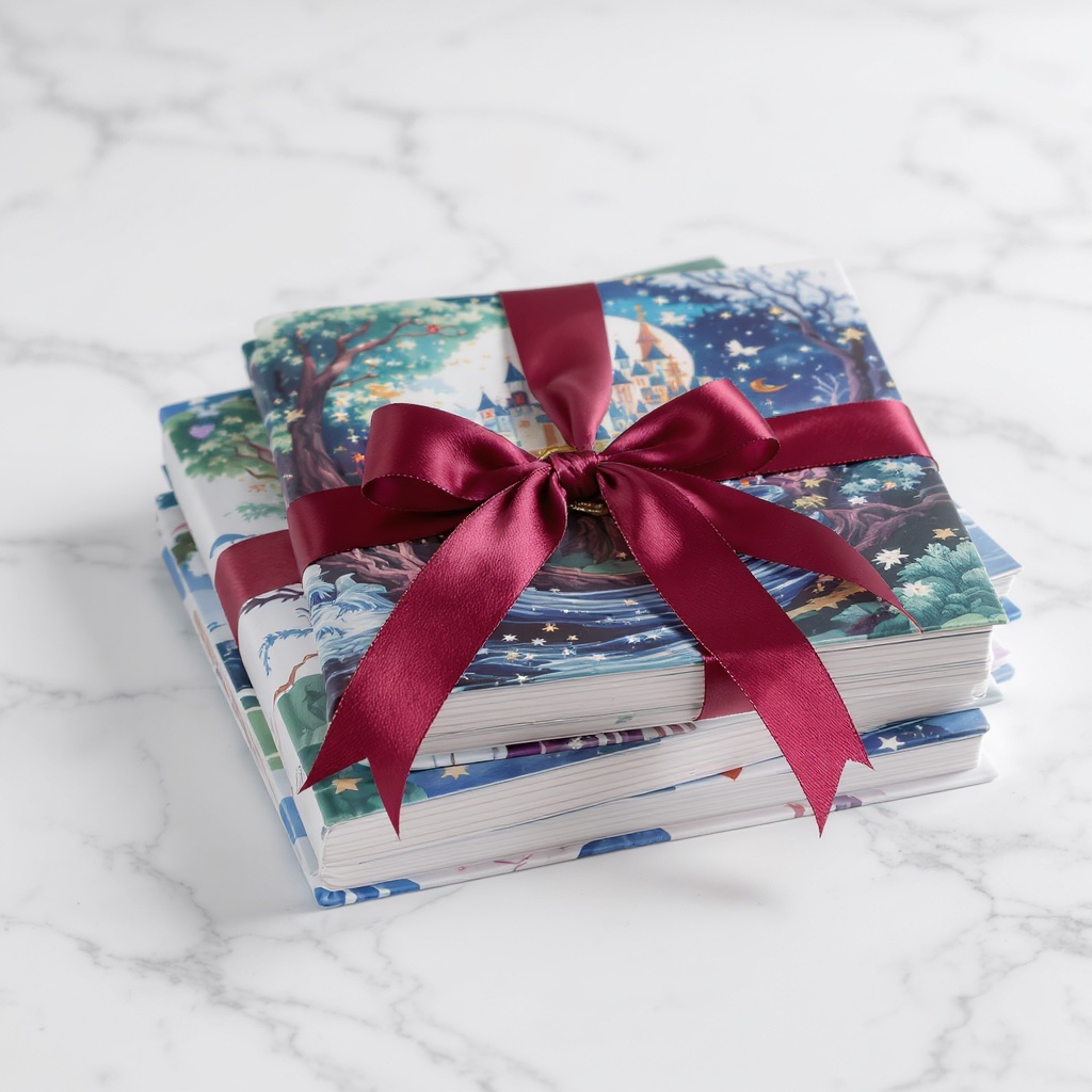 Stack of personalized storybooks wrapped as gift